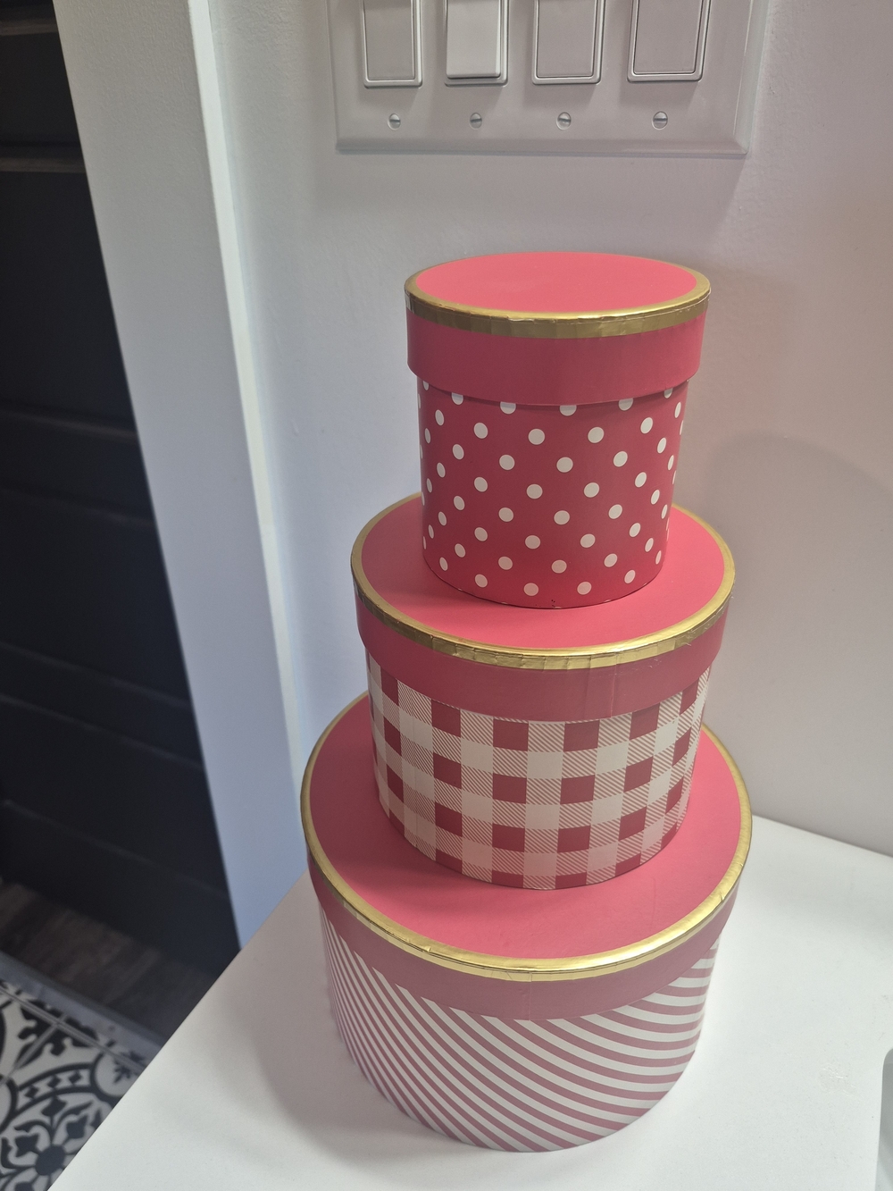 Jillian Harris x CANVAS Red Polka & Plaid 3-Piece Nested Gift Box Set Gold Trim